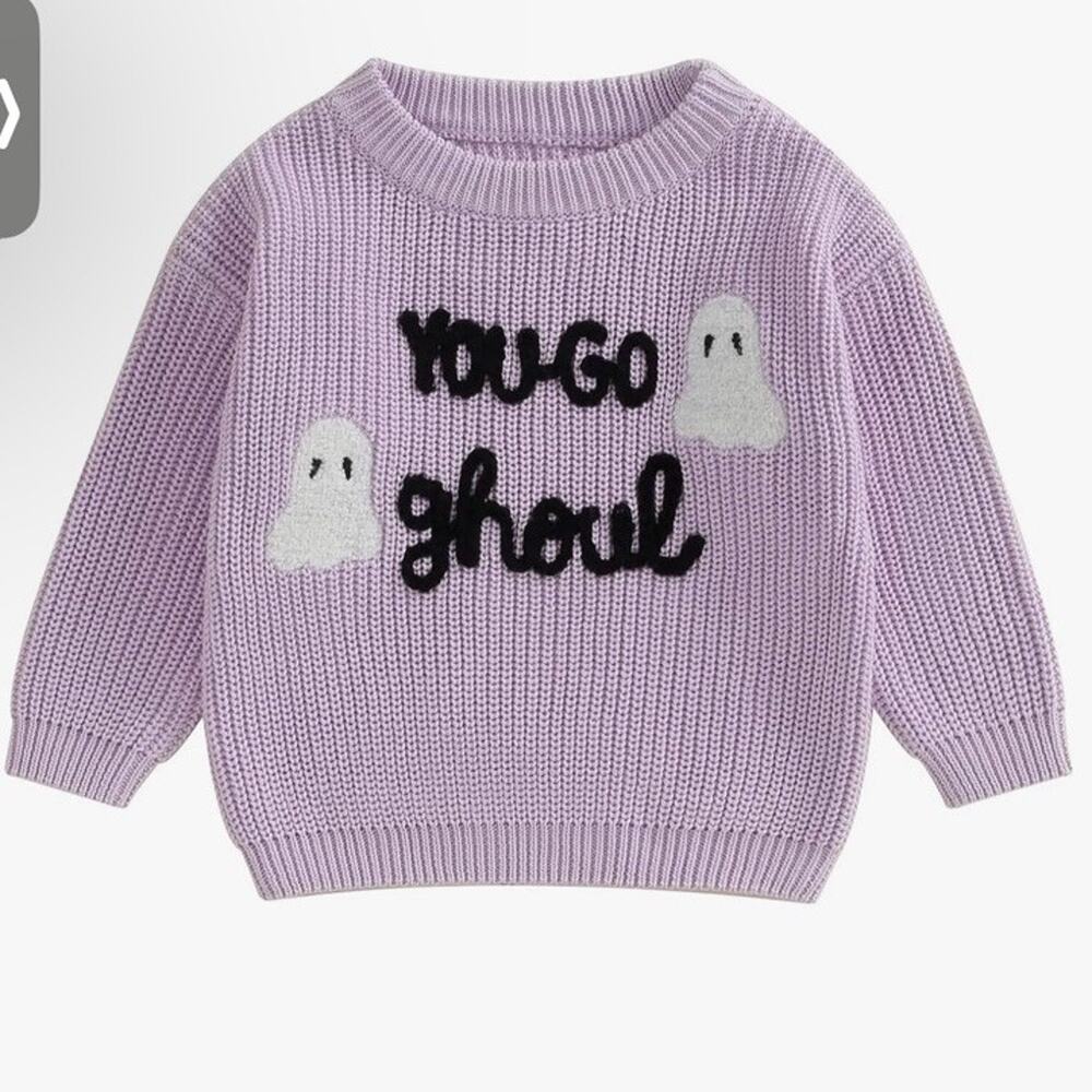 Girl's Halloween Ghost Letters Embroidery Knitted Sweater "You Go Ghoul" 3T